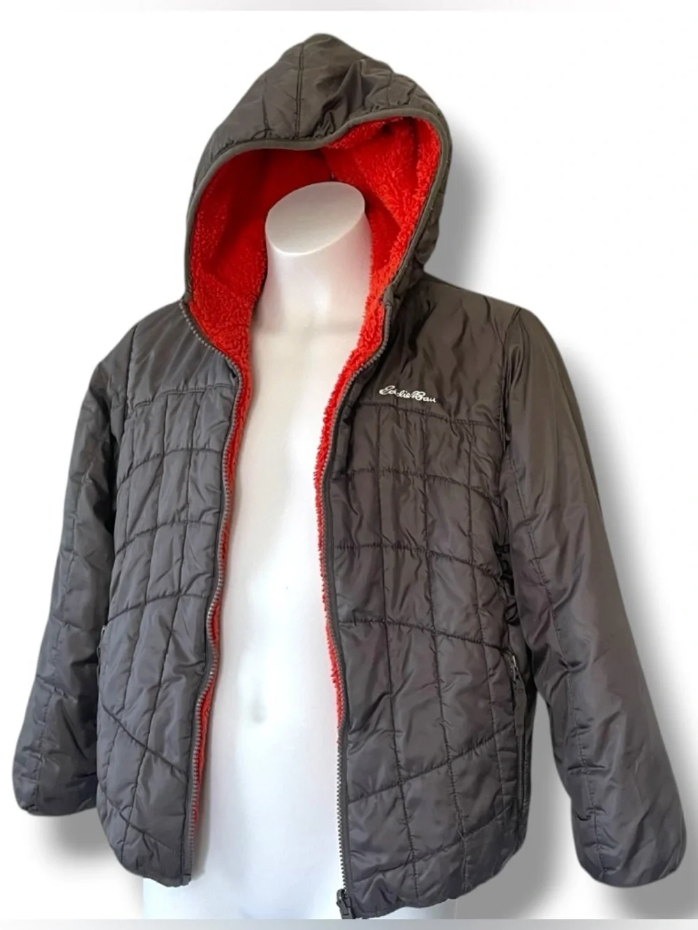 Eddie Bauer Reversible Jacket Kids S 7/8 Gray Puffer Orange Sherpa Hooded Coat